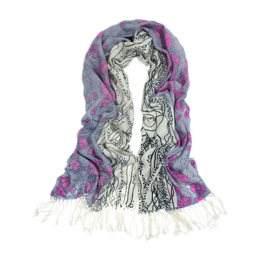 Wool Pashmina Floral Gray and Pink Wrap Scarf